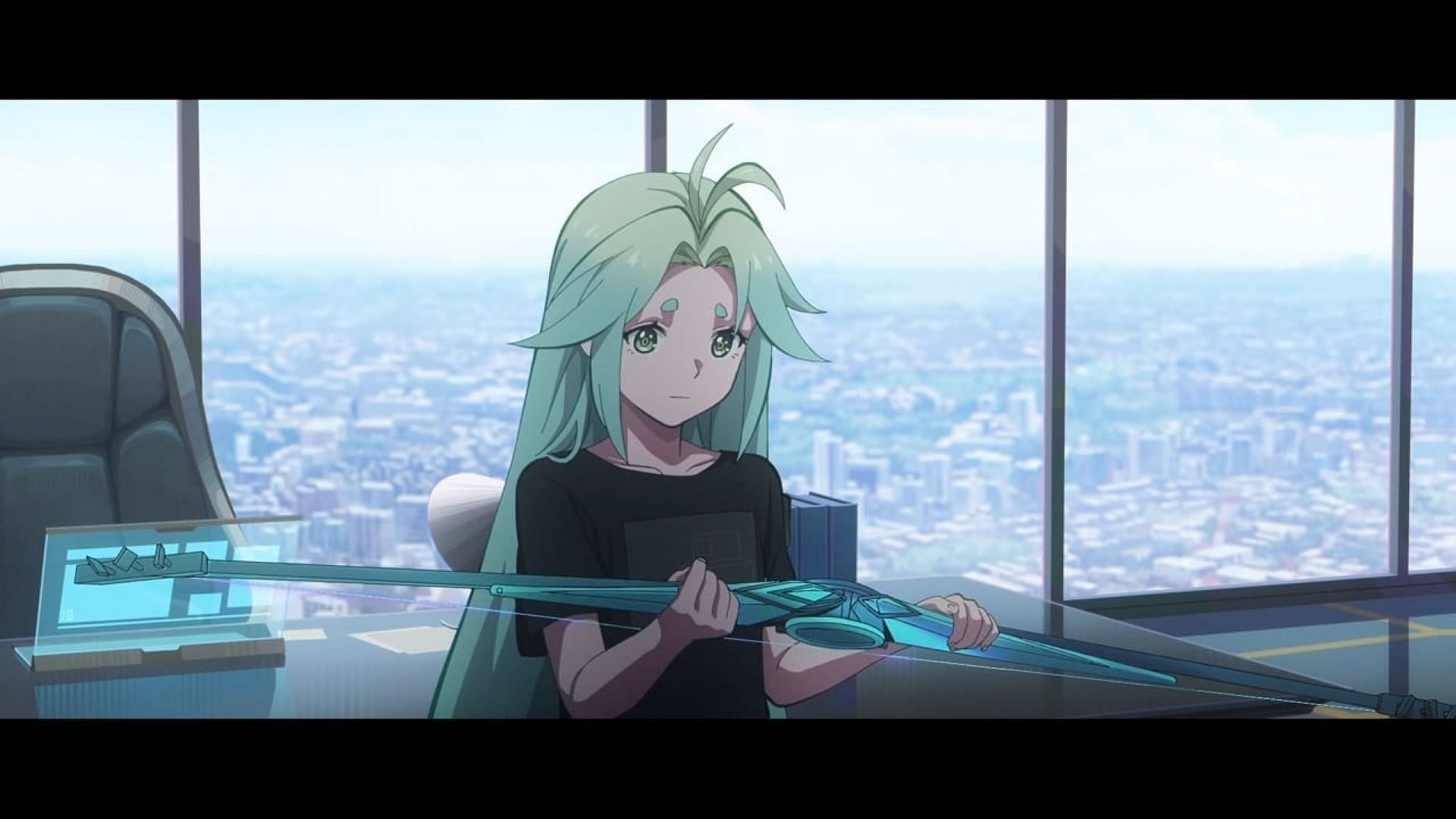 Lucky Cyan looks at her new weapon (Image via Pb Animation/LAN Studio/Paper Plane Animation)